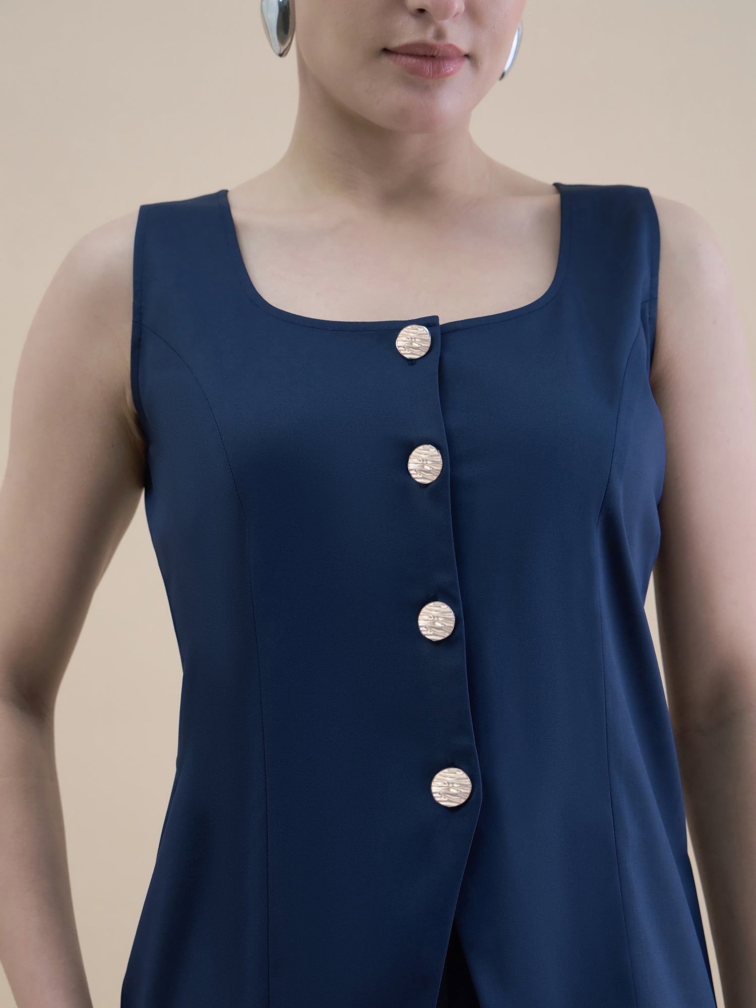 Women U-Neck Straight Fit Waistcoat And Trouser