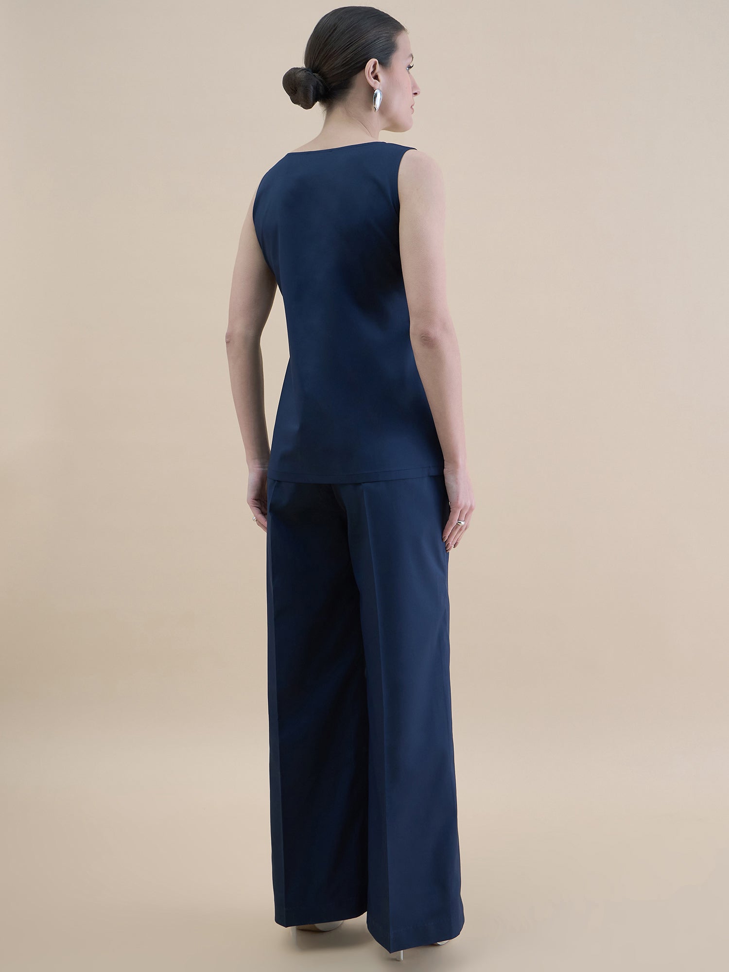 Women Navy Blue U-Neck Tailored Waistcoat With Straight Fit Co-Ords