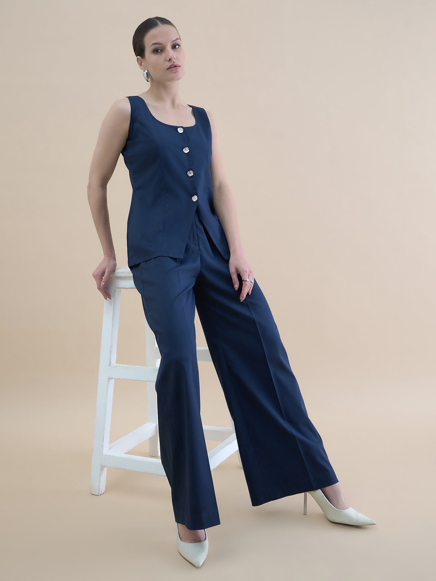 Women Navy Blue U-Neck Tailored Waistcoat With Straight Fit Co-Ords