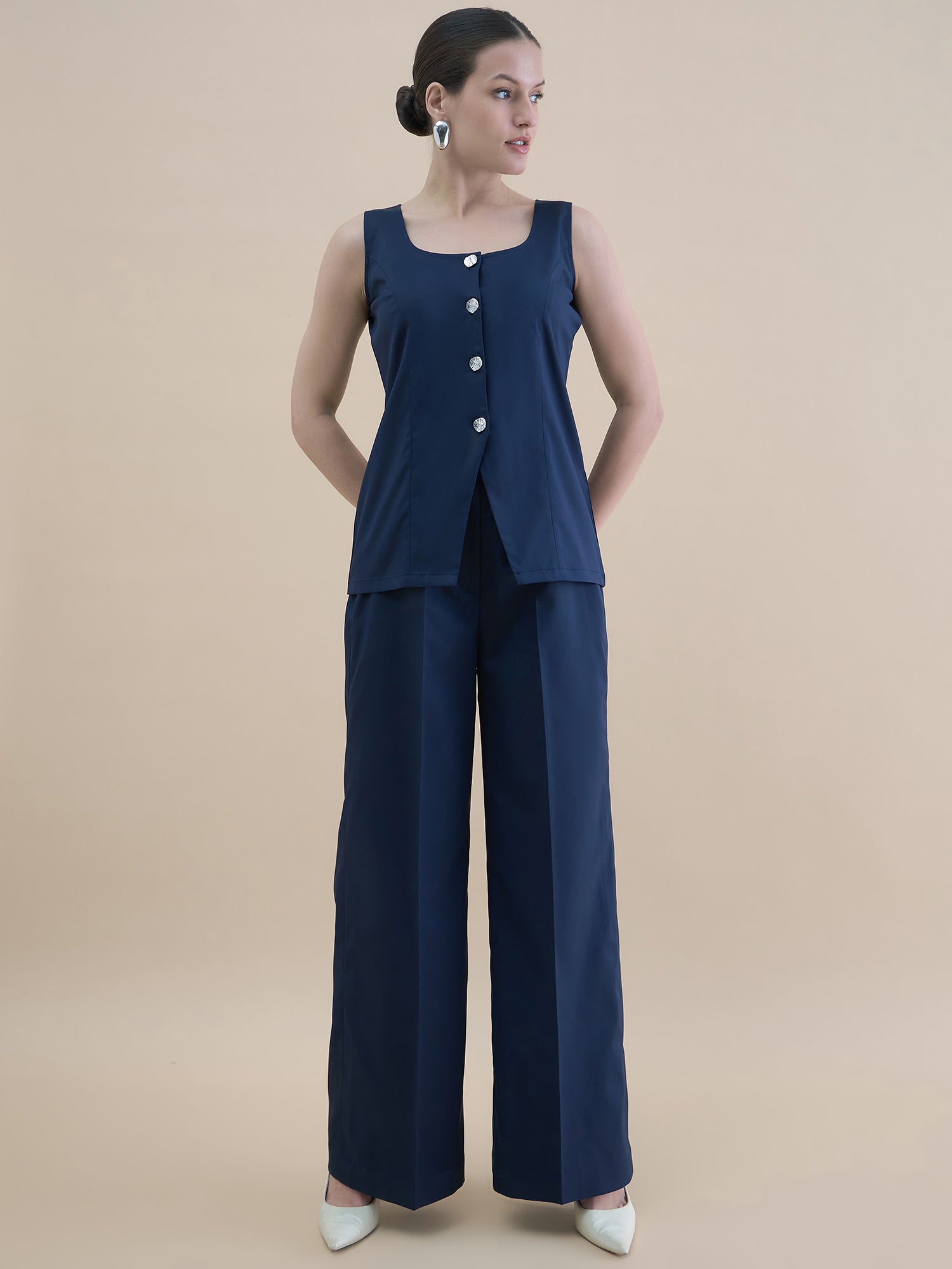 Women Navy Blue U-Neck Tailored Waistcoat With Straight Fit Co-Ords