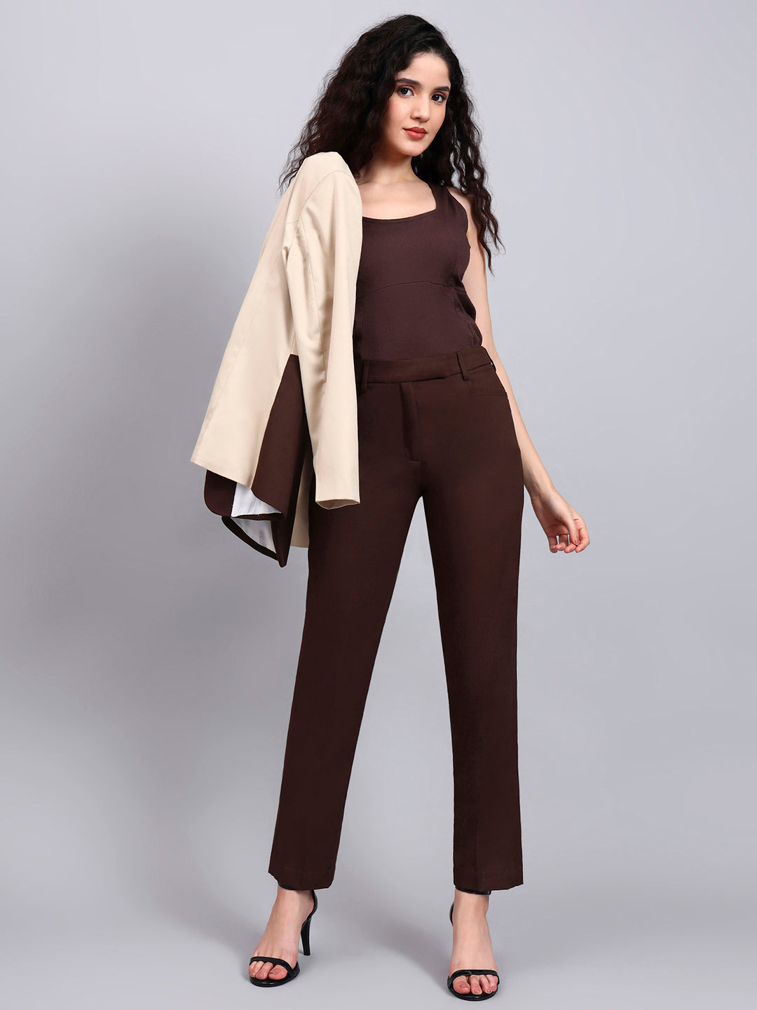 Beige And Brown Color block Suit Set
