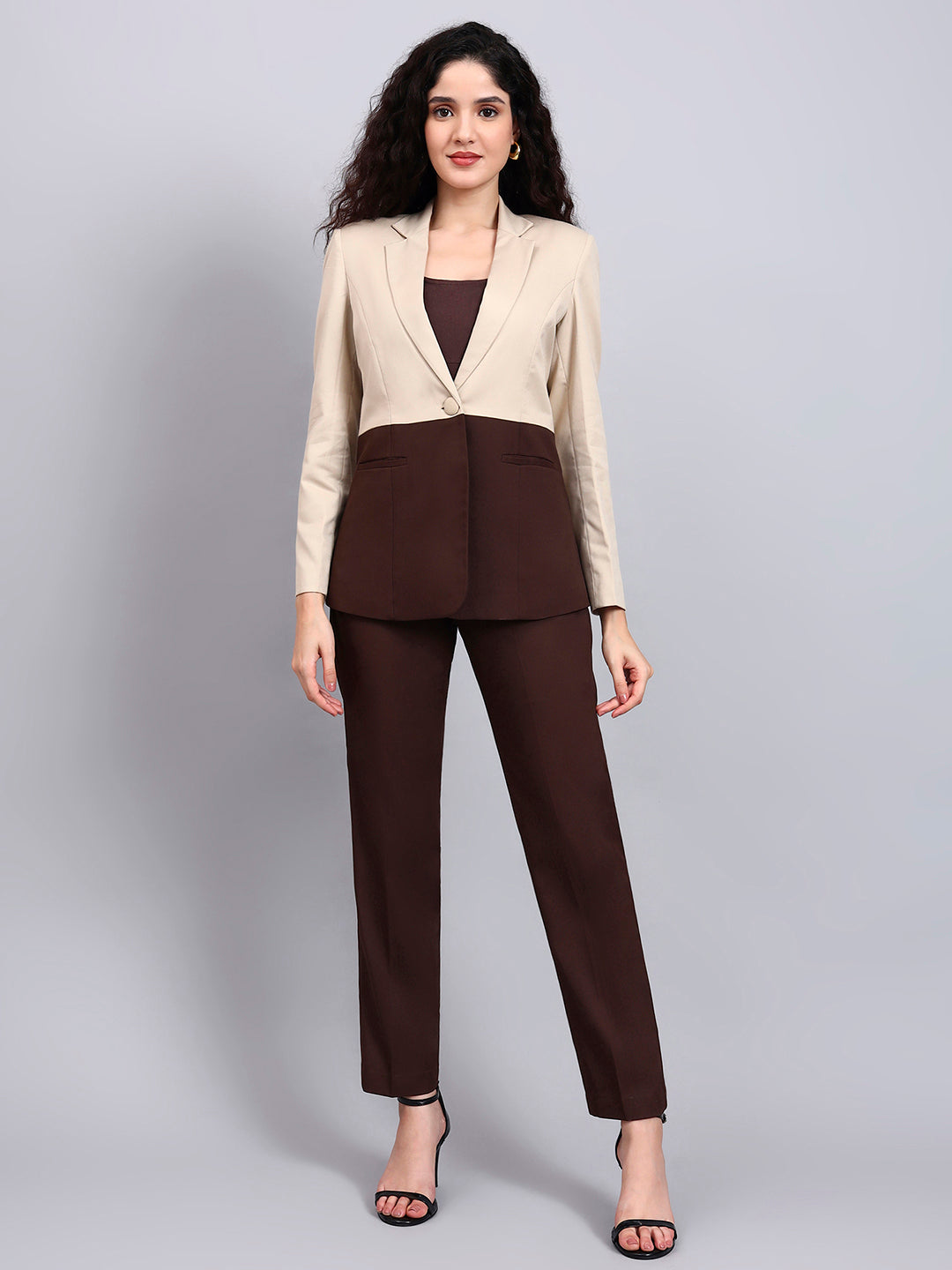 Women Beige And Brown Color blocking Single Breasted formal Pantsuit