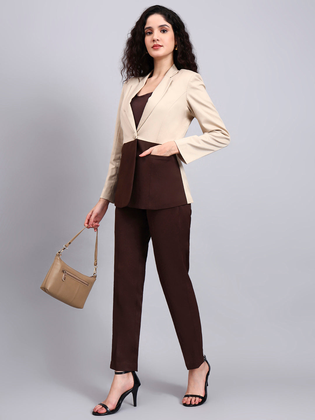 Beige And Brown Color block Suit Set