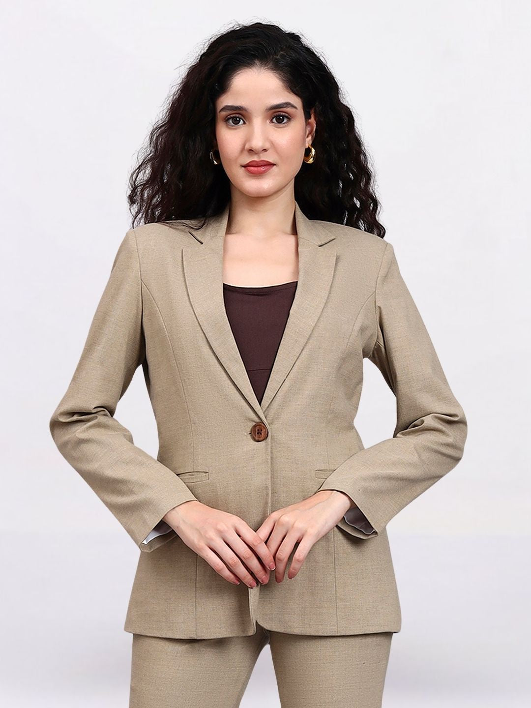 Women Beige Tailored Single Breasted Stretch Formal Pantsuit