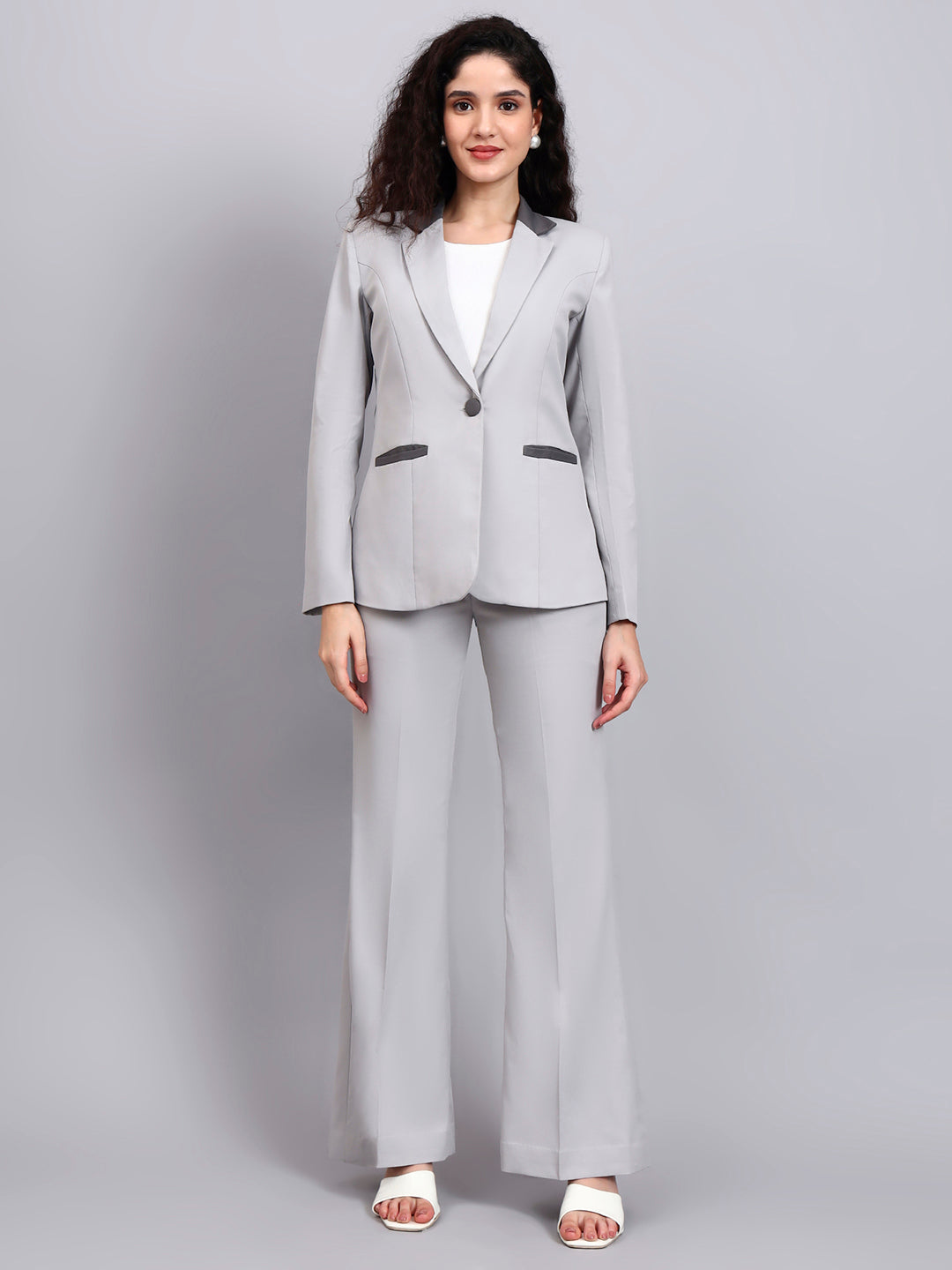 Women Light Grey Stretch Formal Power Suit