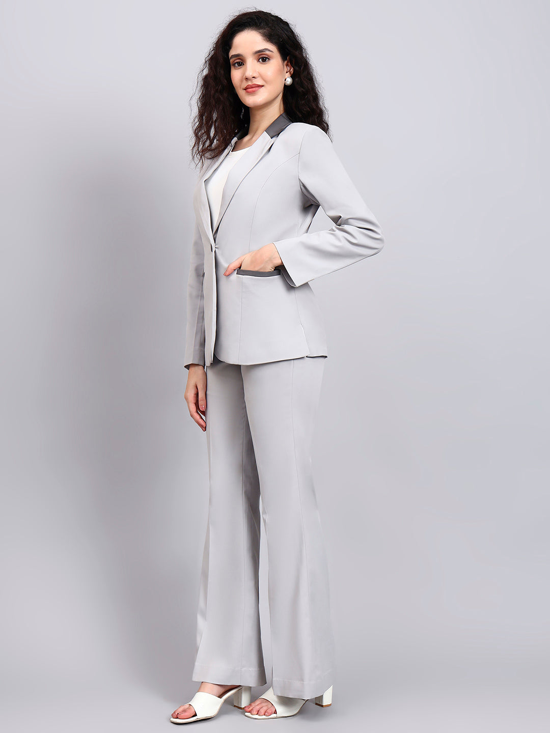 Women Light Grey Stretch Formal Power Suit