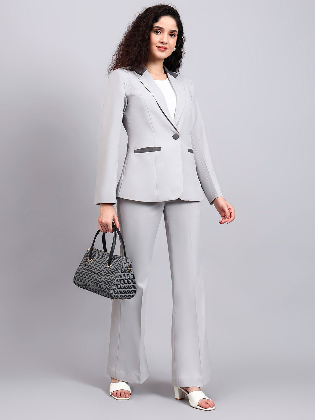 Women Light Grey Stretch Formal Power Suit