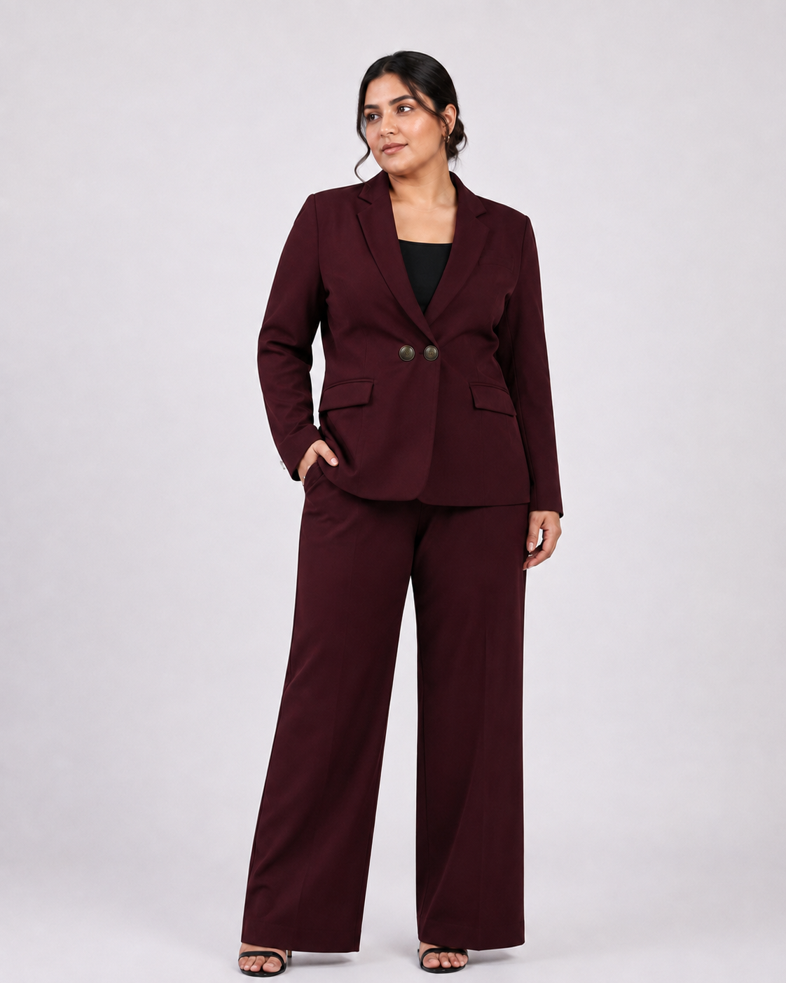 Women Burgundy Single Breasted Formal Pantsuit