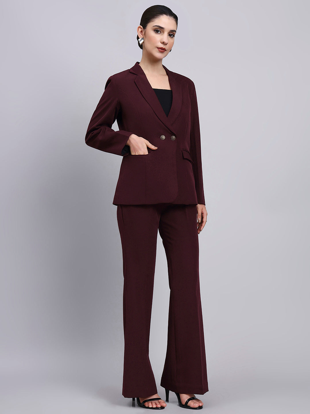 Women Burgundy Single Breasted Formal Pantsuit