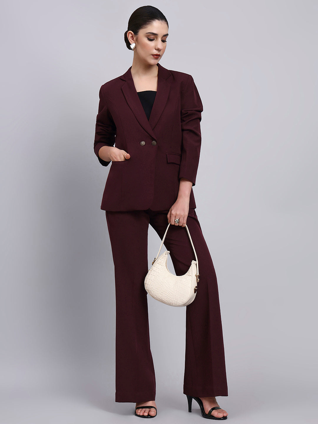 Tailored burgundy Blazer-Set Featuring Oxidized Buttons and Flared Pants
