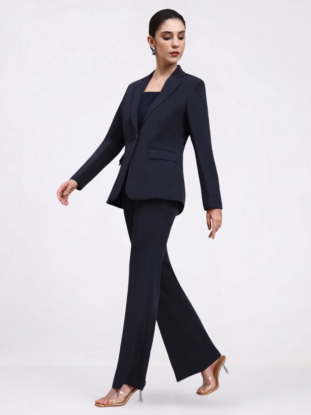 Women Navy Blue Single Breasted formal Pantsuit