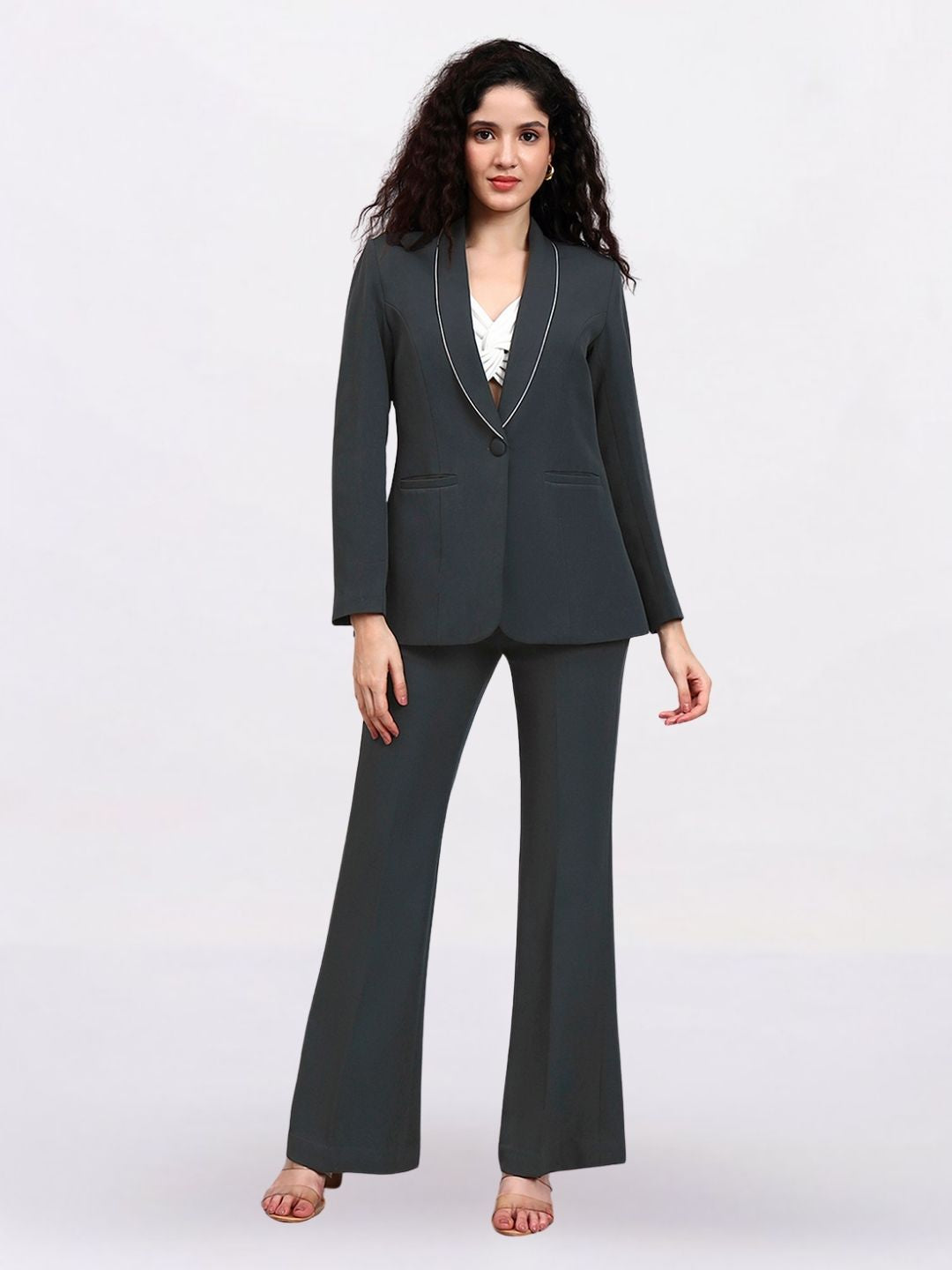 Women Dark Grey Shawl Collar Tailored Formal Pantsuit