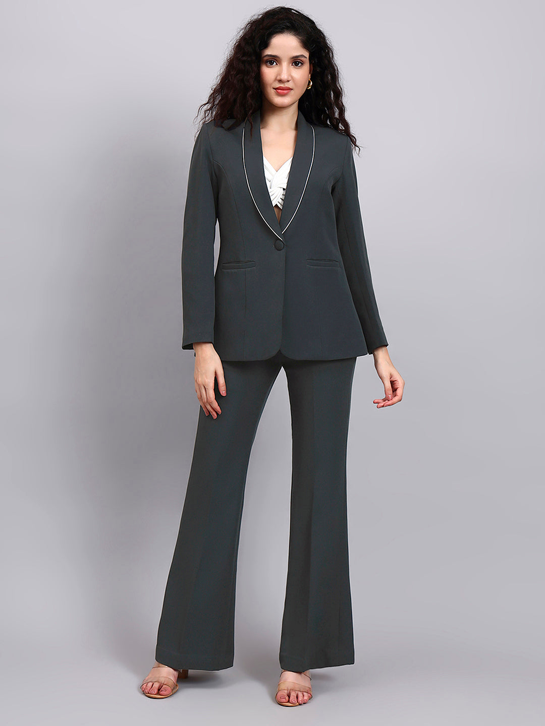 Women Dark Grey Shawl Collar Tailored Formal Pantsuit