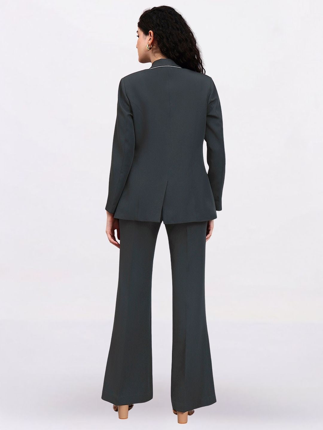 Women Dark Grey Shawl Collar Tailored Formal Pantsuit