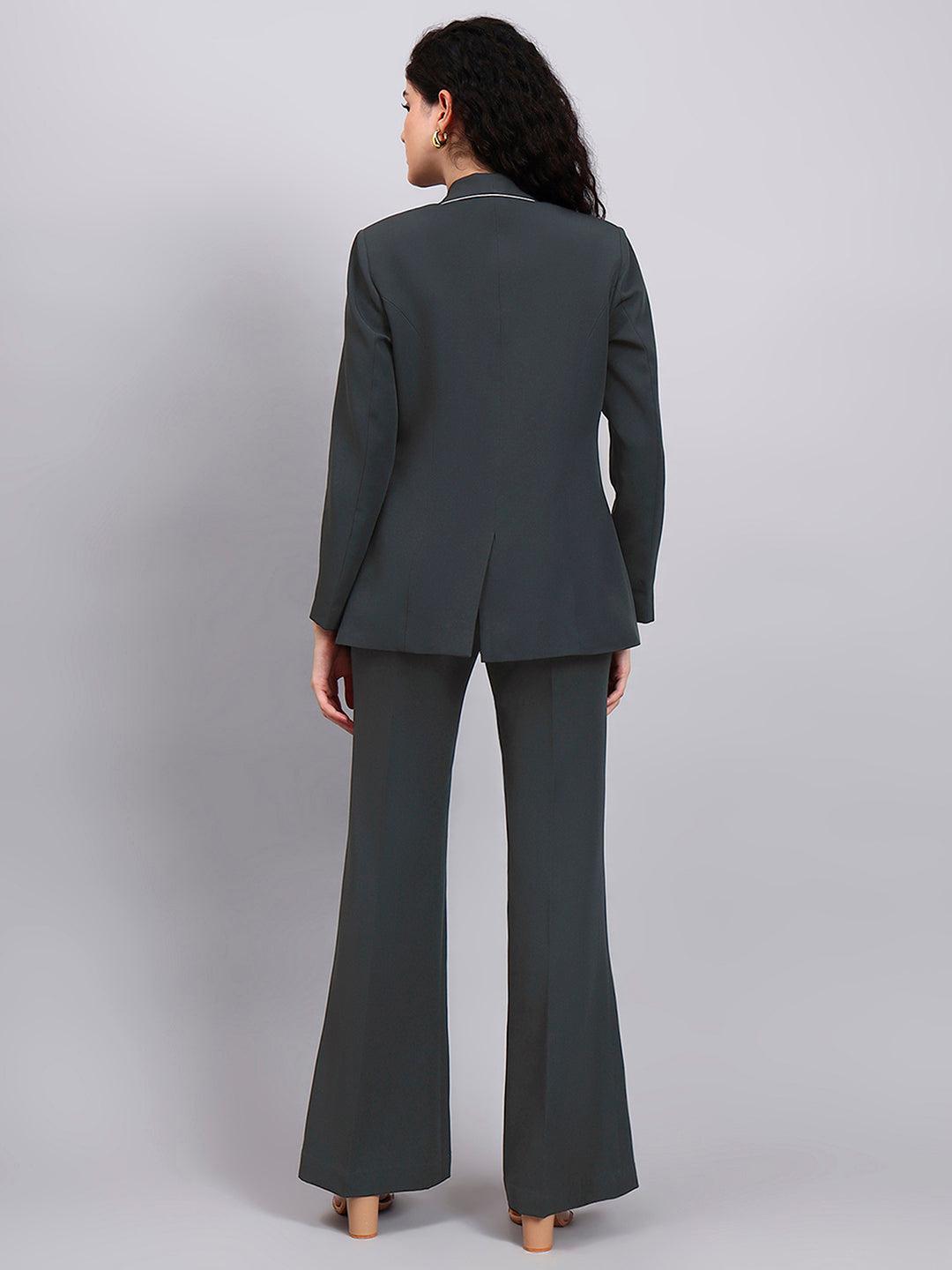 Dark Grey Shawl Collar Tailored Suit Set with Bell Bottom Trousers