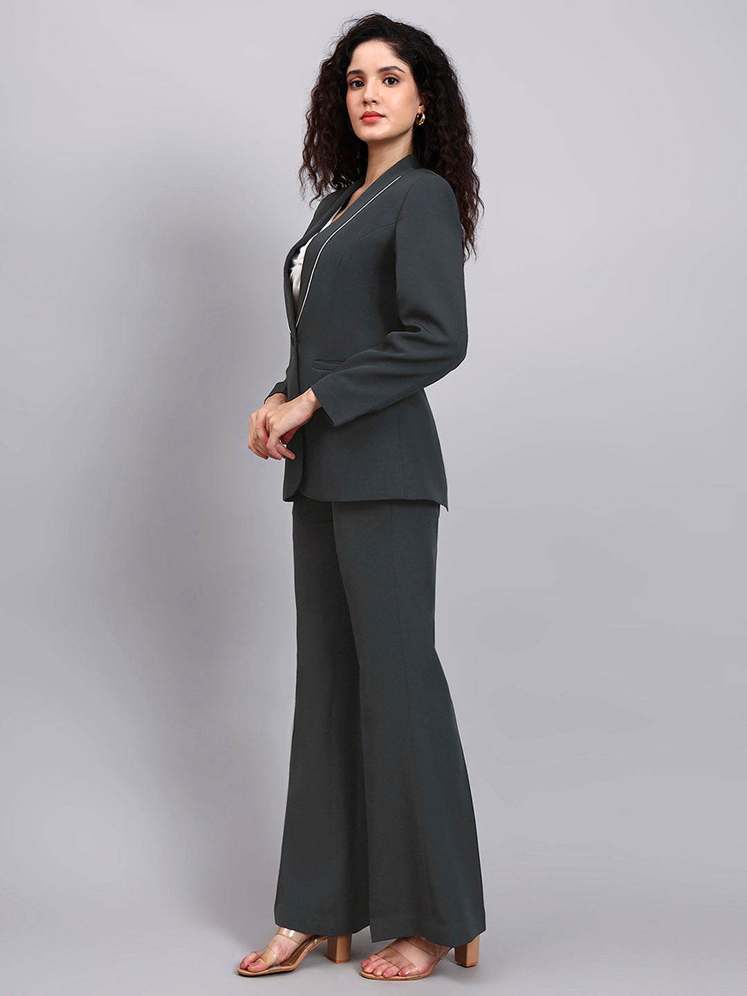 Women Dark Grey Shawl Collar Tailored Formal Pantsuit