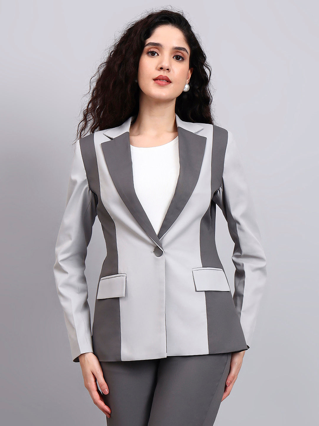 Women Two-Tone Grey Color Blocking Formal Powersuit