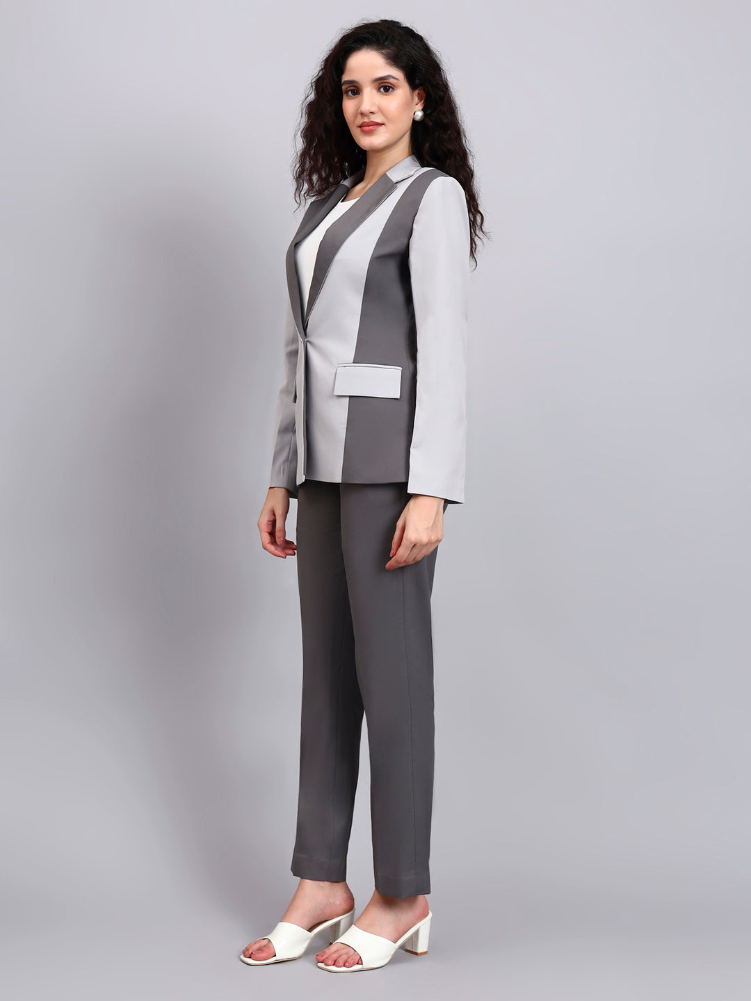 Women Two-Tone Grey Color Blocking Formal Powersuit