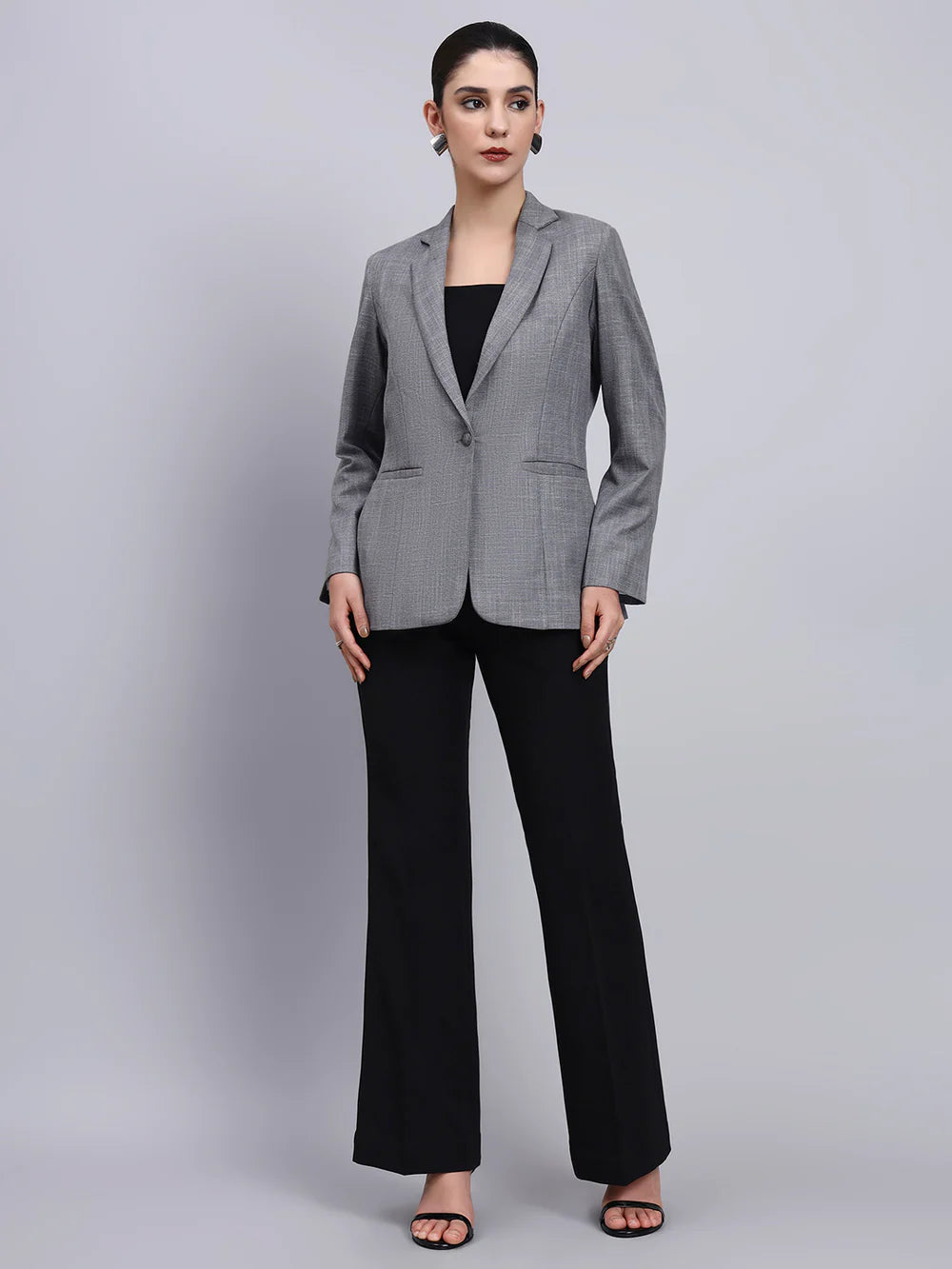 Women's Grey Blazer-Set with Black Contrast Pants