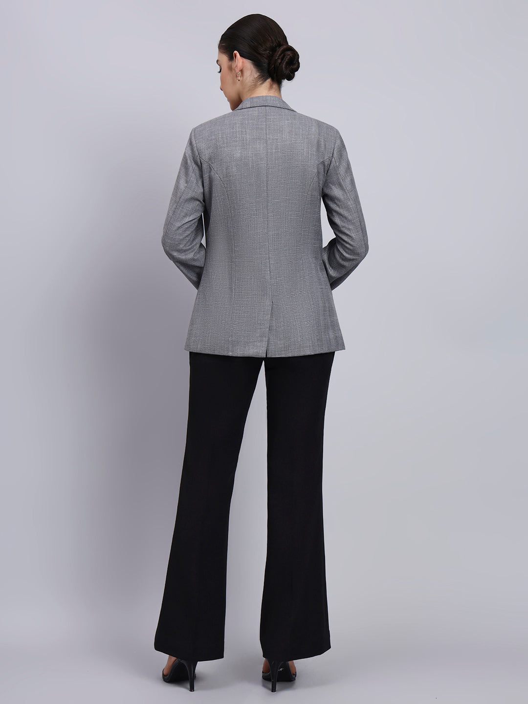 Women's Grey Blazer-Set with Black Contrast Pants