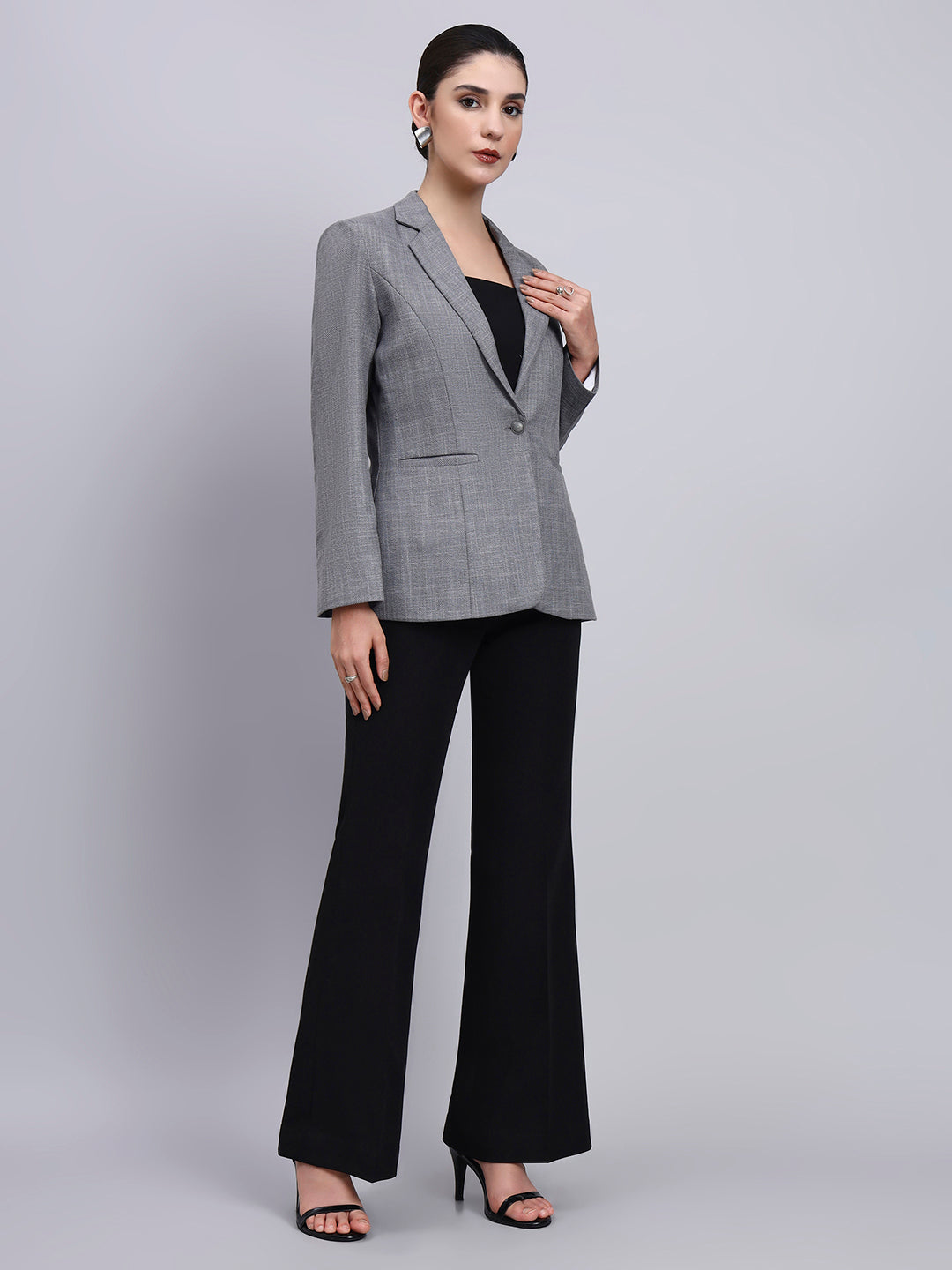 Women's Grey Blazer-Set with Black Contrast Pants
