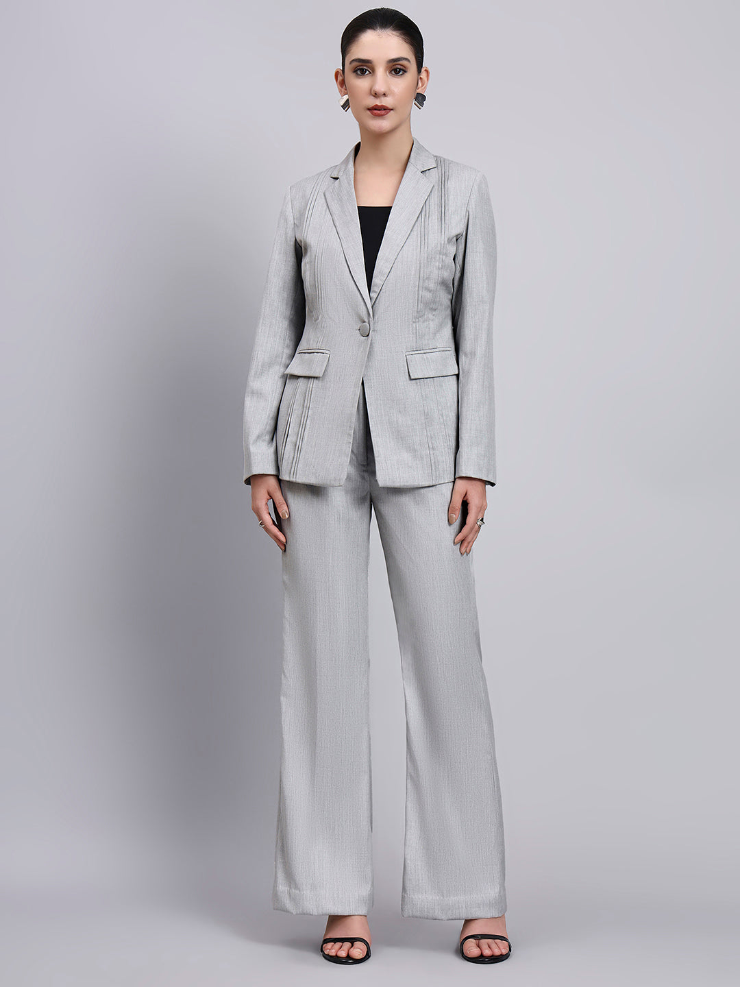 Grey Power Suit with refined linear detailing