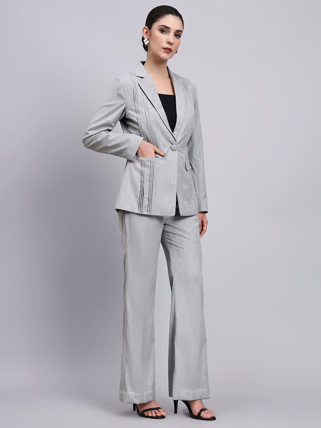 Women Grey Linear Detailed Single Breasted Formal Pantsuit