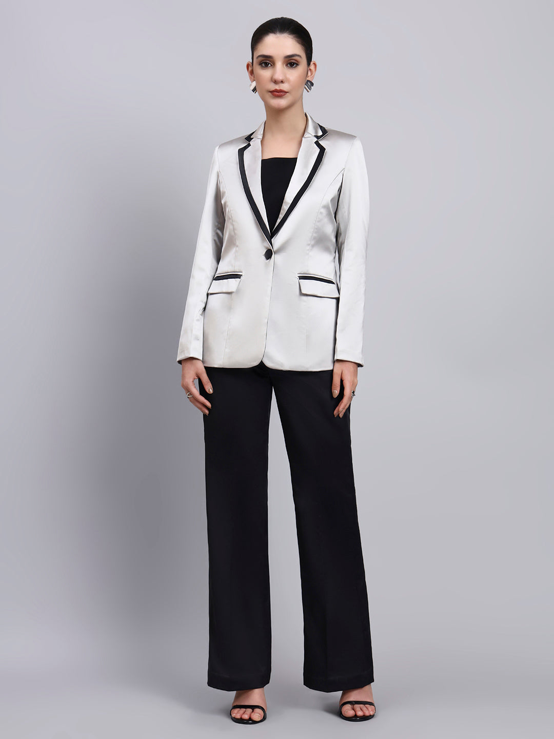Women Silver Satin Single Breasted Formal Pantsuit