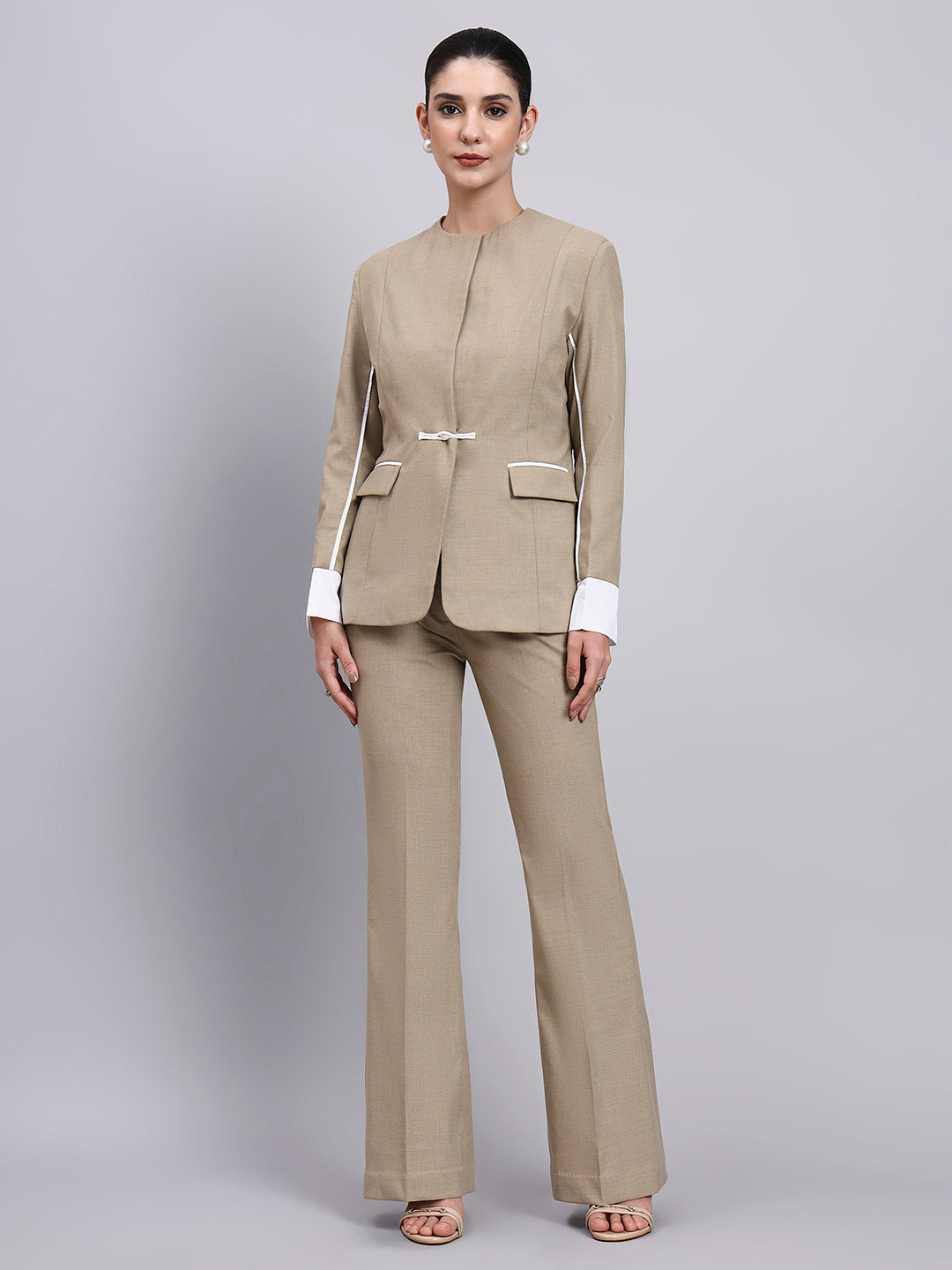 Women Beige Single Breasted Stretch Formal Pantsuit