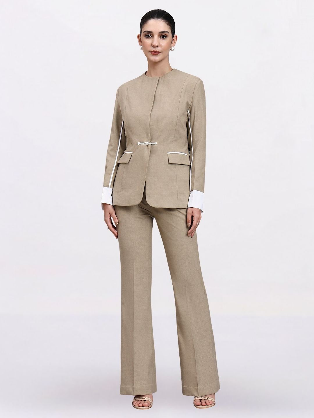 Women Beige Single Breasted Stretch Formal Pantsuit