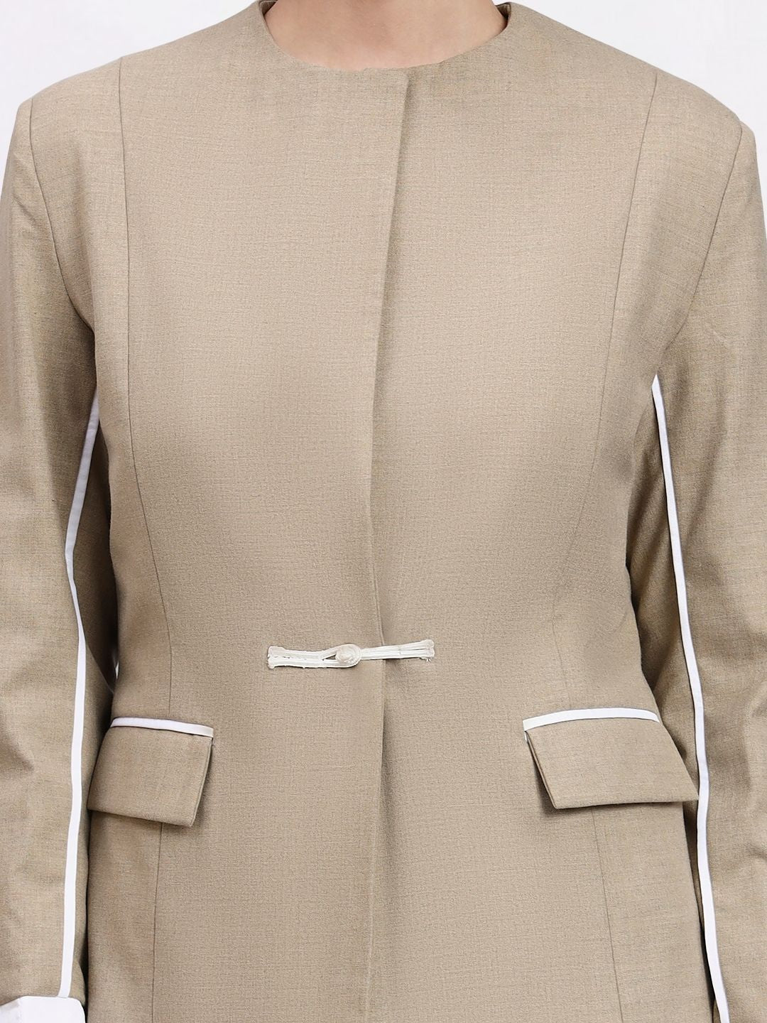 Women Beige Single Breasted Stretch Formal Pantsuit