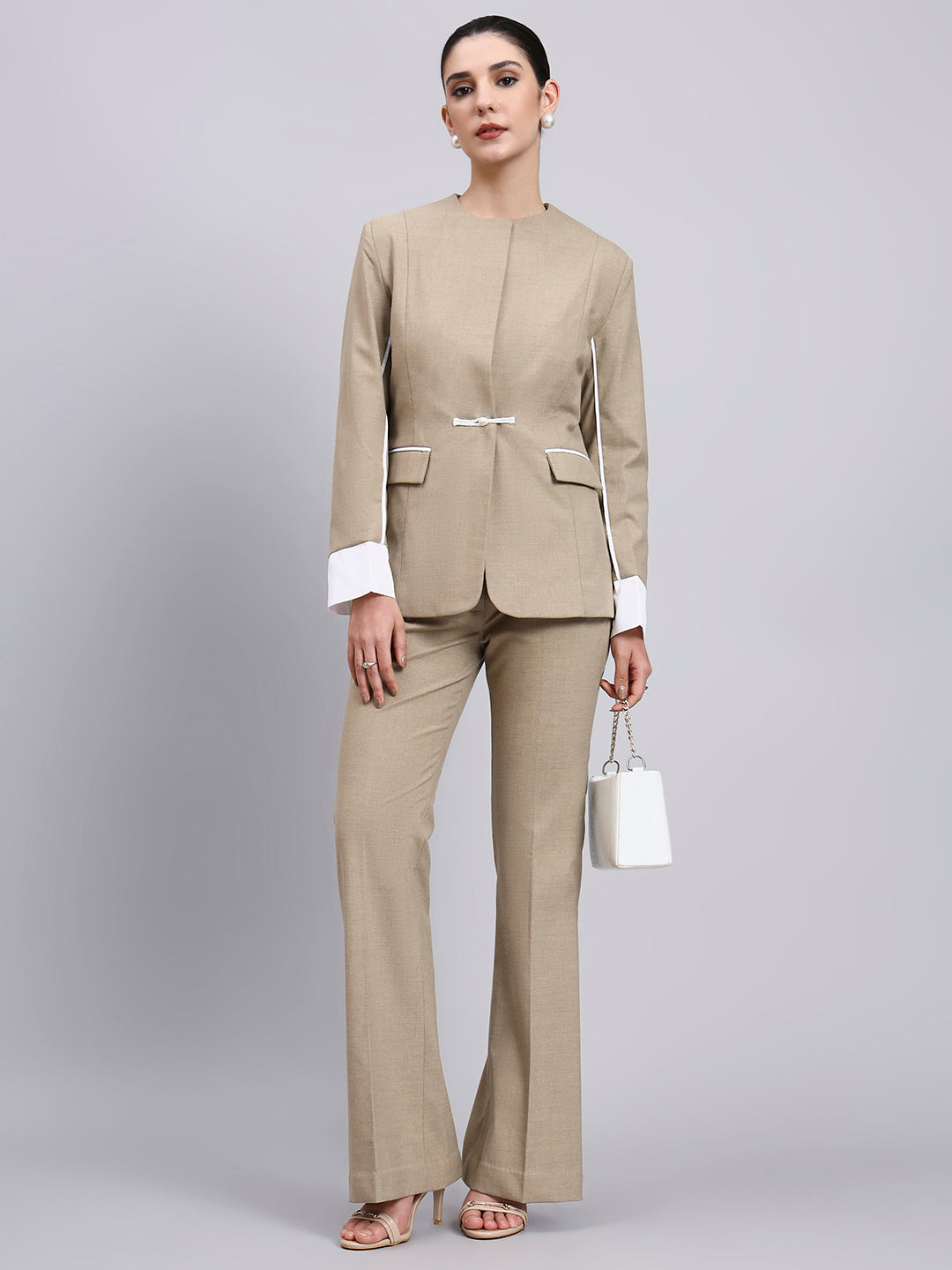 Women Beige Single Breasted Stretch Formal Pantsuit