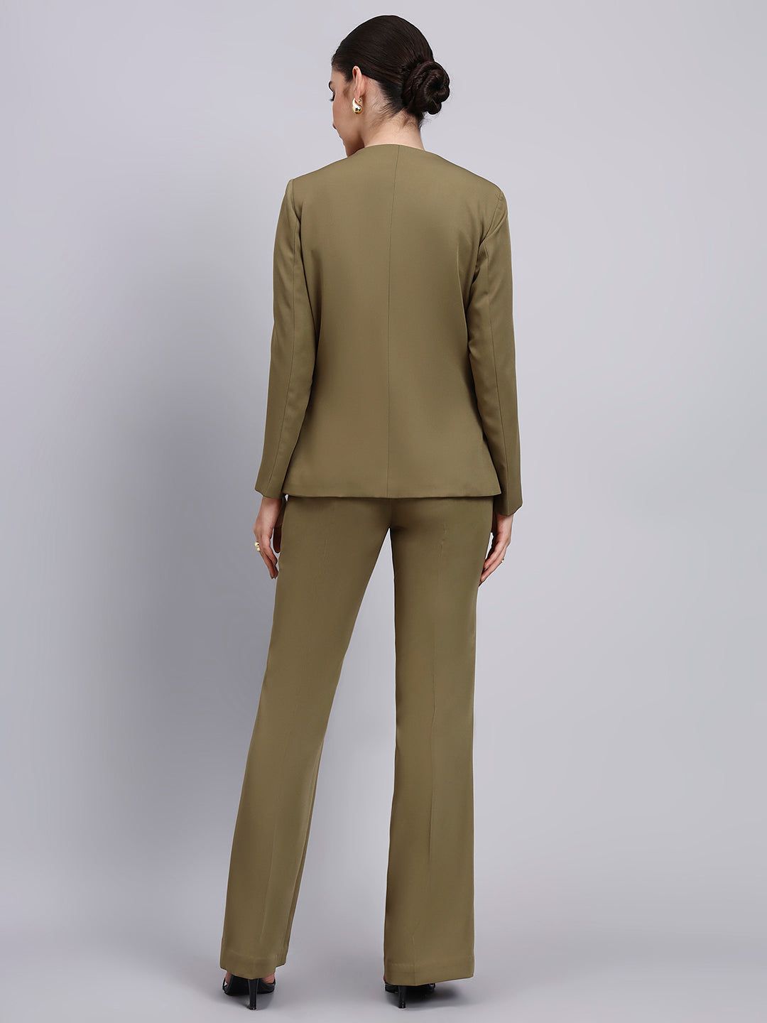Tailored Willow Green Lapel Less Blazer-Set with Flared Pants