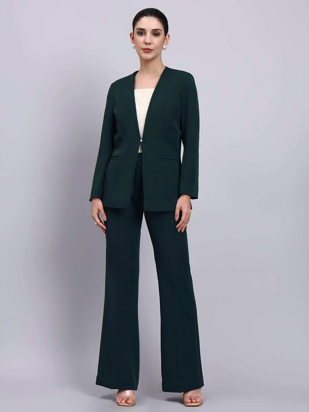 Tailored Bottle Green Lapel Less Blazer-Set with Flared Pants