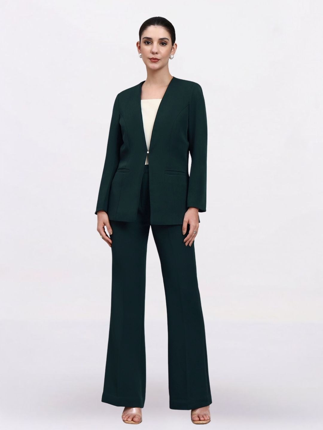 Women Bottle Green Lapel Less Formal Pantsuit