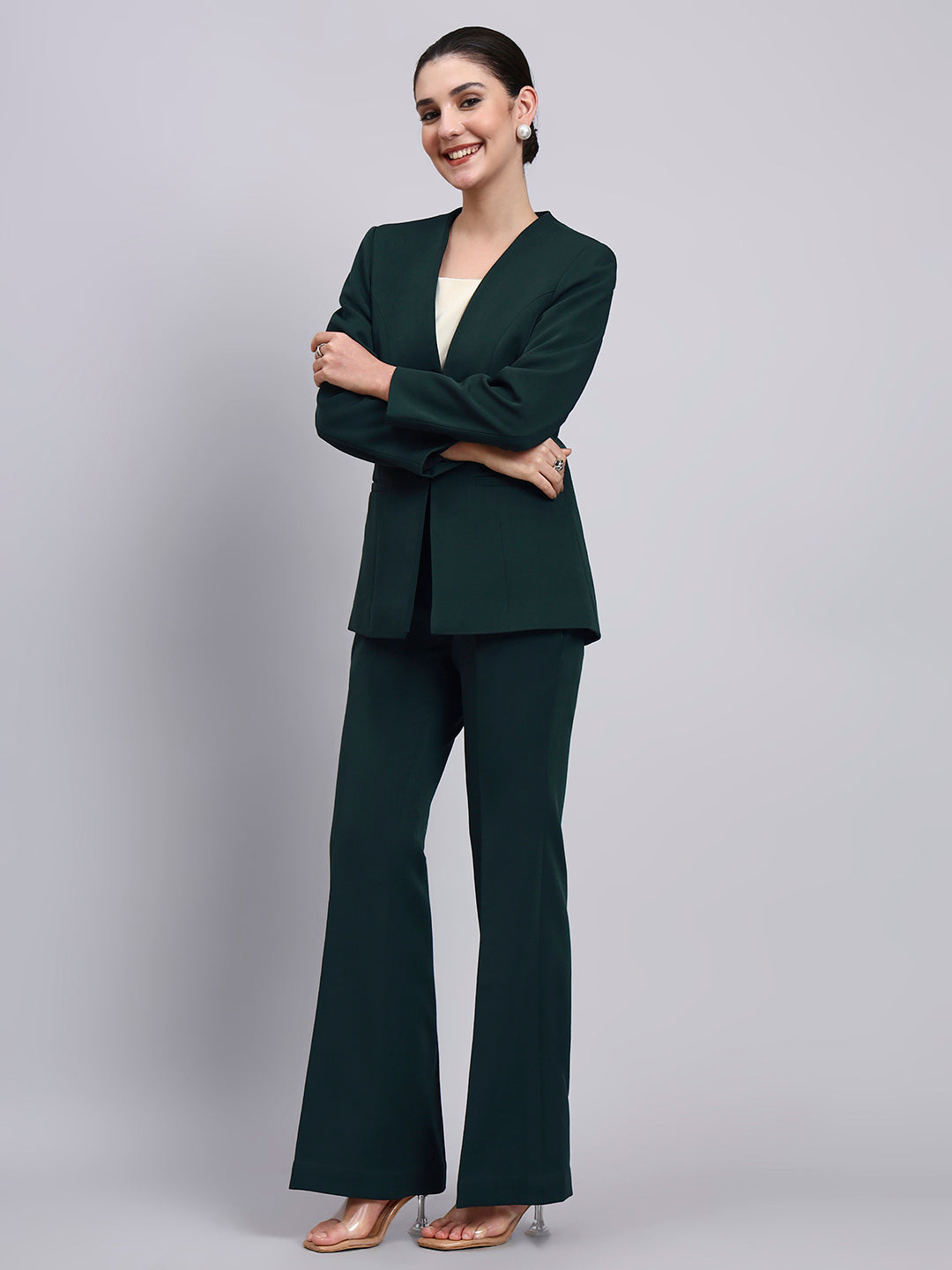 Tailored Bottle Green Lapel Less Blazer-Set with Flared Pants