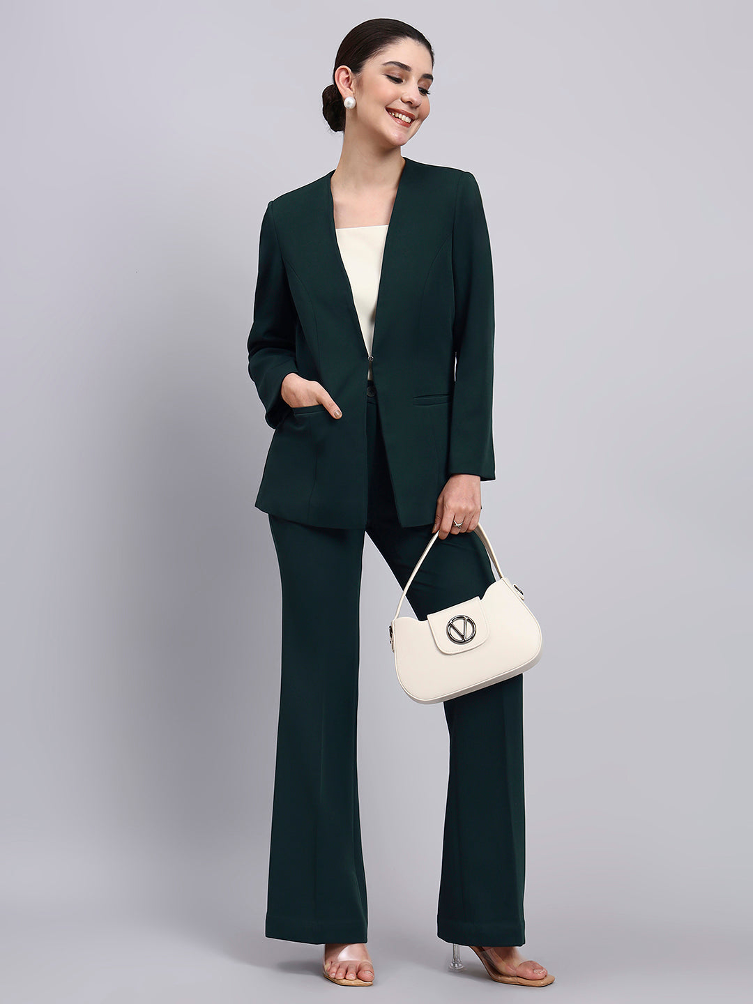 Tailored Bottle Green Lapel Less Blazer-Set with Flared Pants