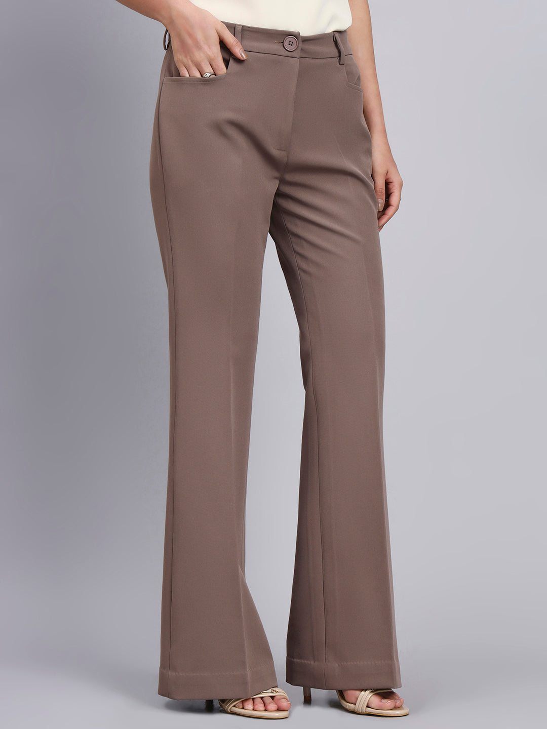 Tailored Beige-Brown Lapel Less Blazer-Set with Flared Pants