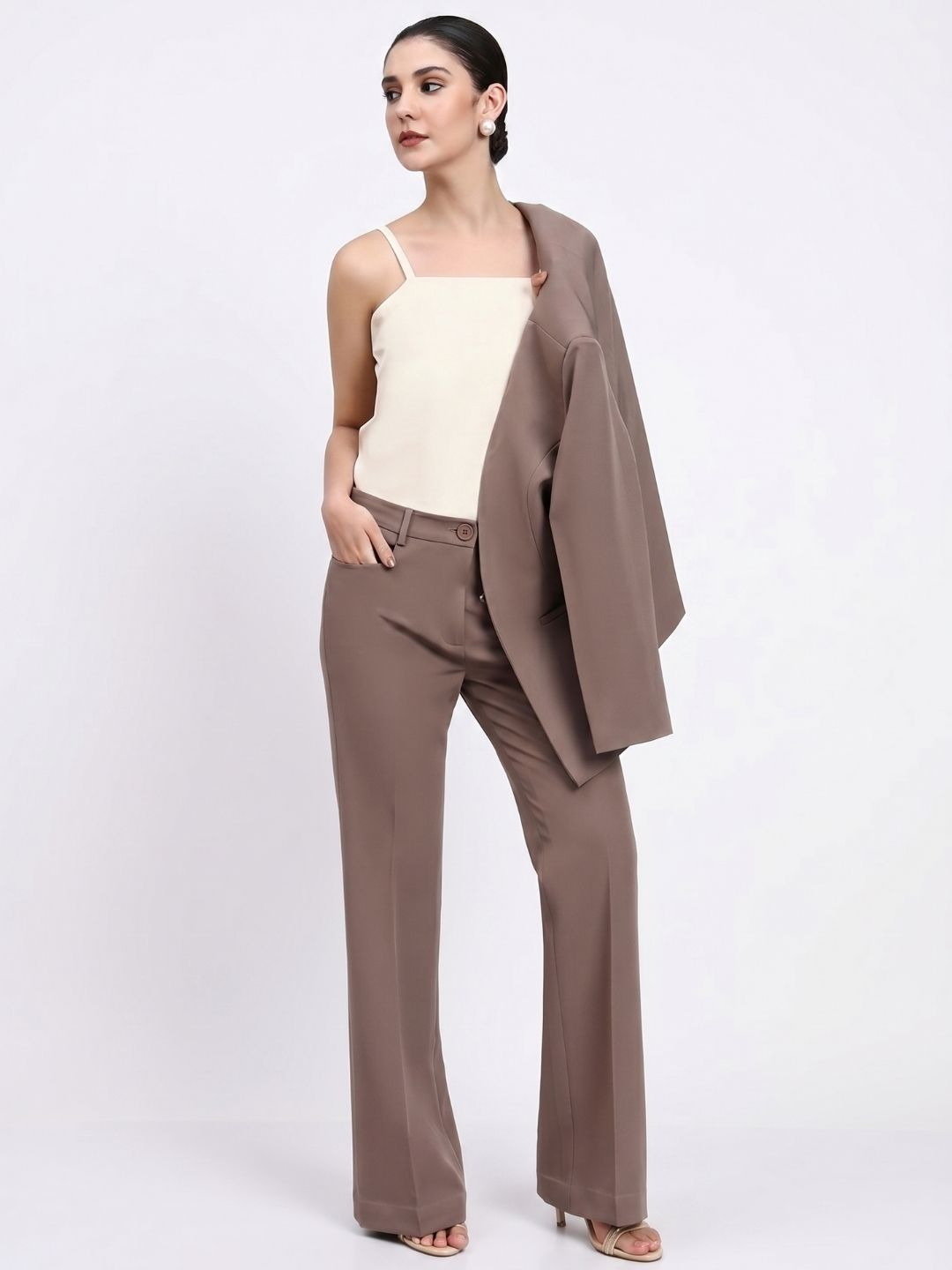 Women Beige-Brown Lapel Less Formal Powersuit