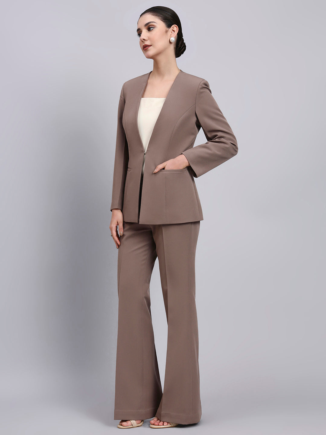 Tailored Beige-Brown Lapel Less Blazer-Set with Flared Pants