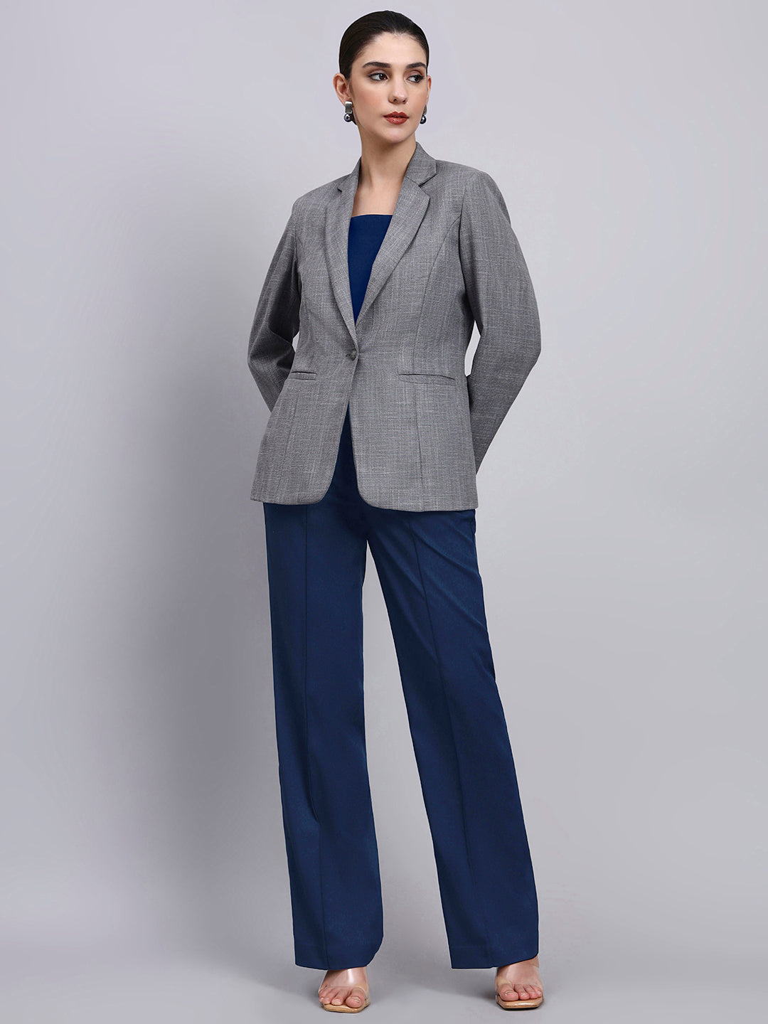 Tailored Grey Blazer-Set with Contrast Navy Blue Flared Pants