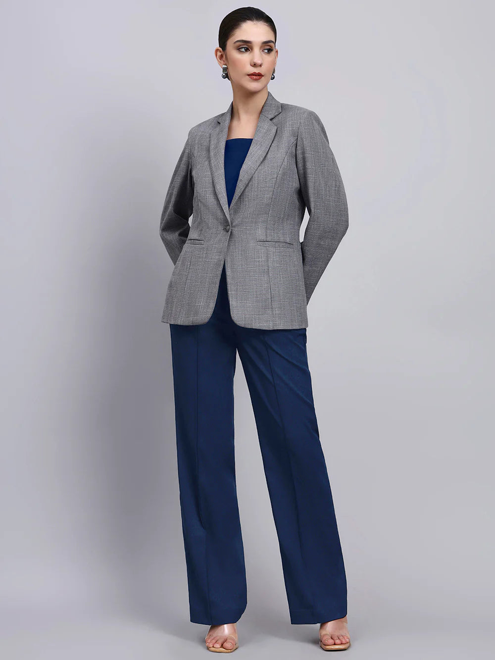 Women Grey Blazer-Set with Contrast Navy Blue Straight fit Pants