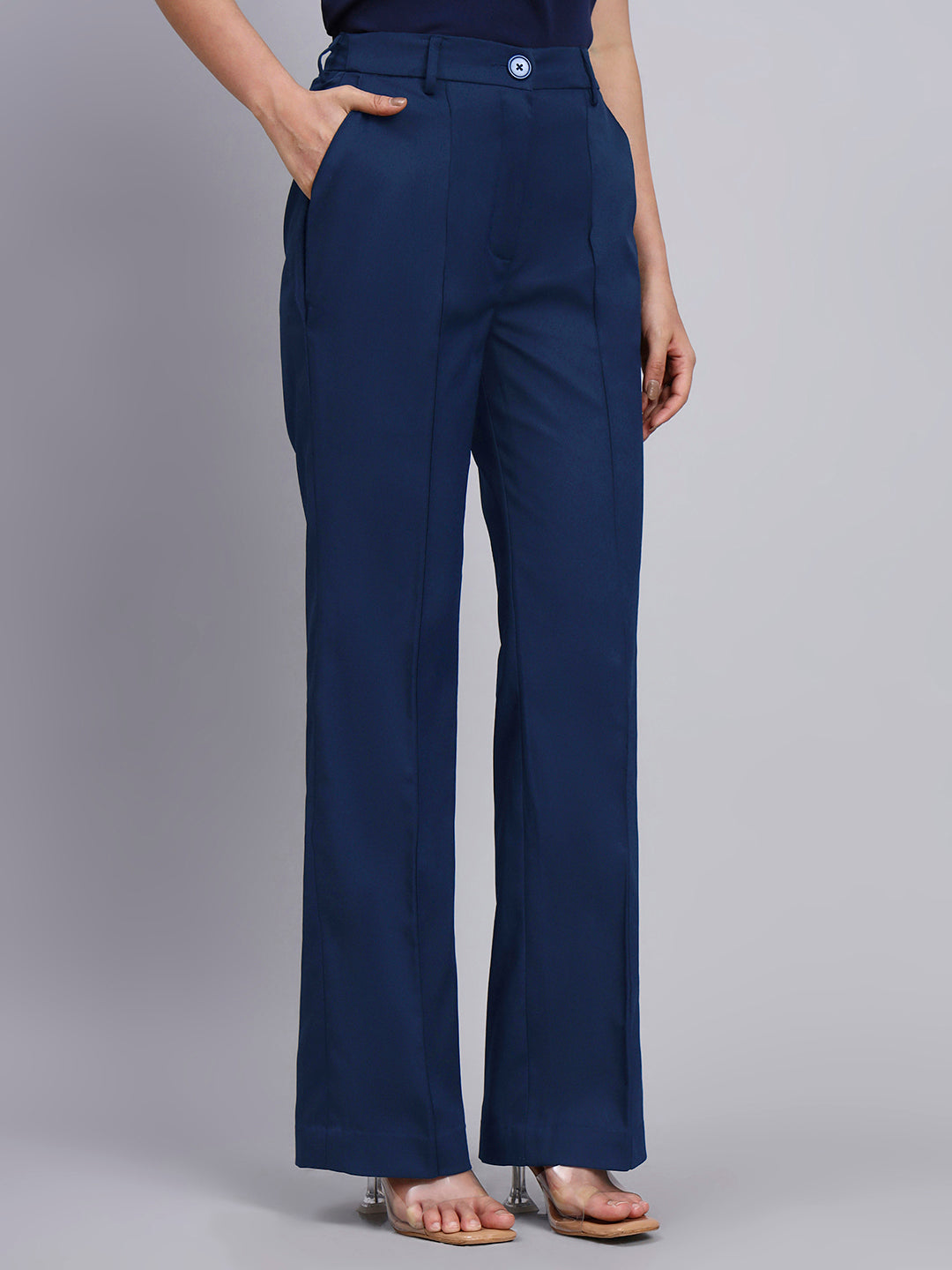 Tailored Grey Blazer-Set with Contrast Navy Blue Flared Pants