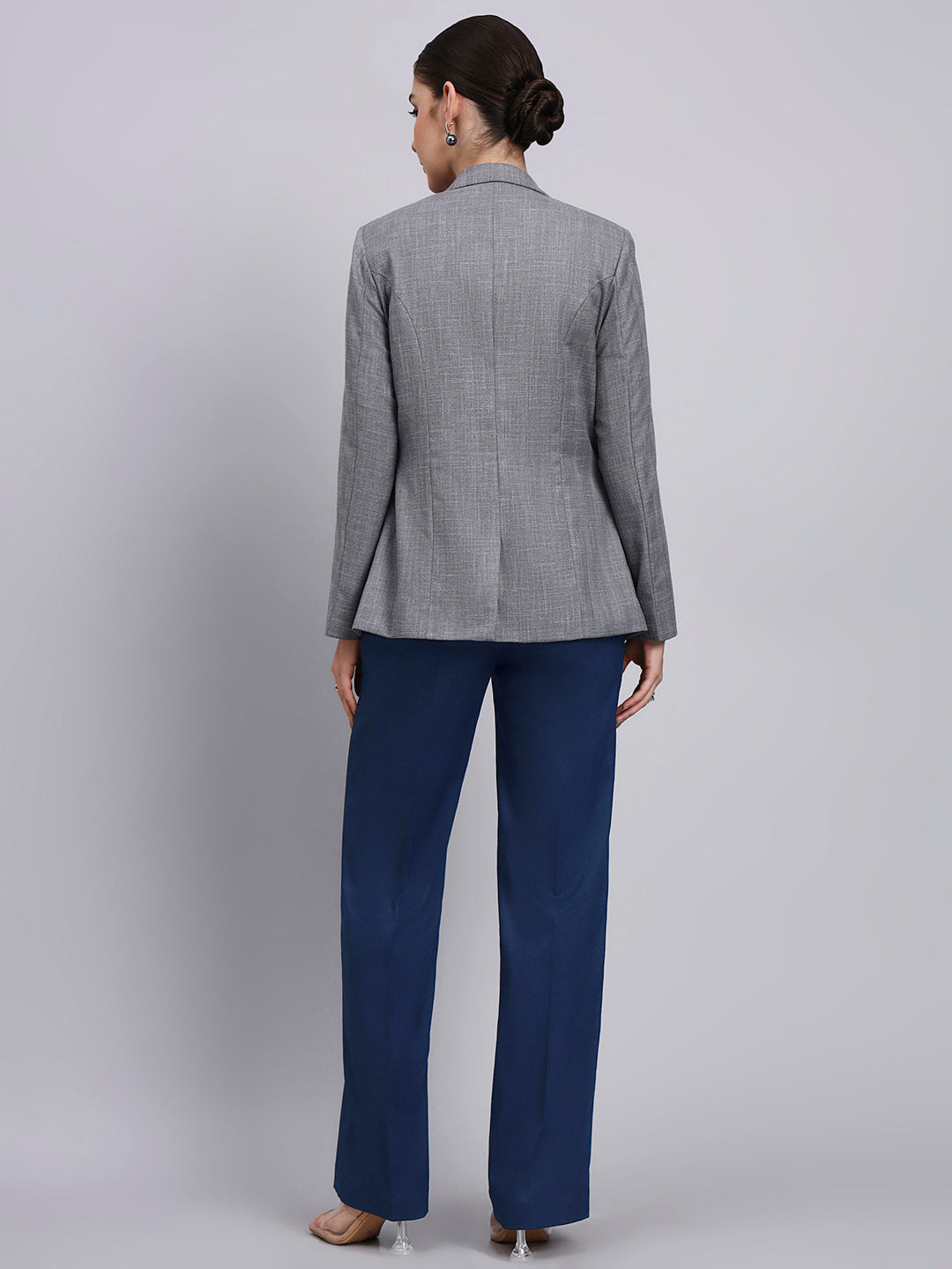 Tailored Grey Blazer-Set with Contrast Navy Blue Flared Pants