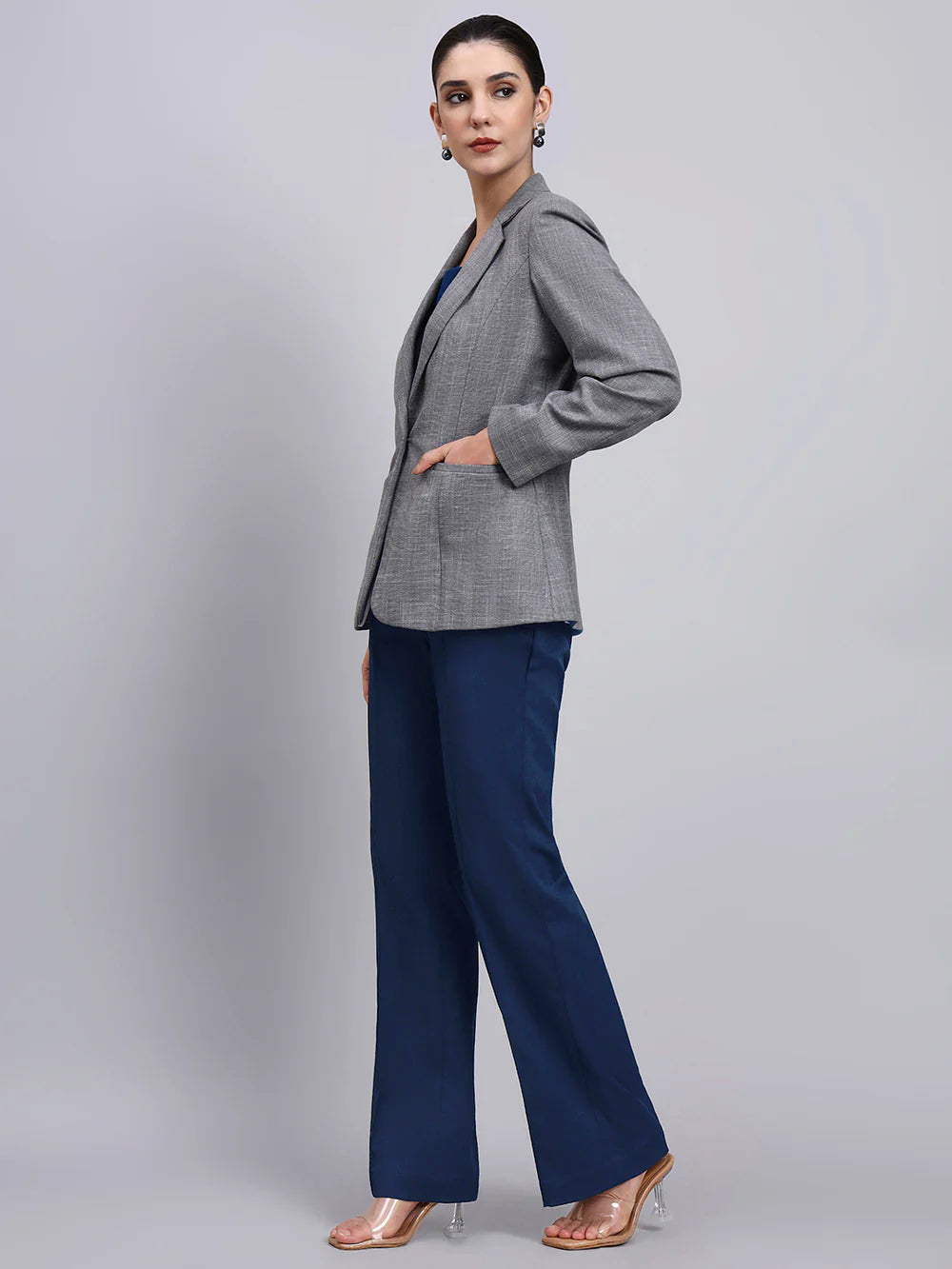 Women Grey Blazer-Set with Contrast Navy Blue Straight fit Pants