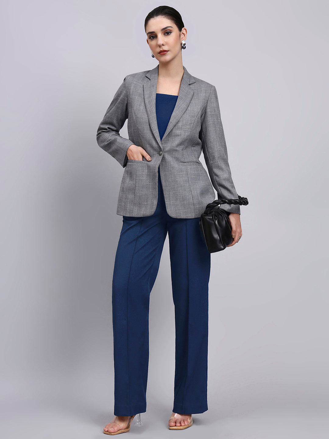 Tailored Grey Blazer-Set with Contrast Navy Blue Flared Pants