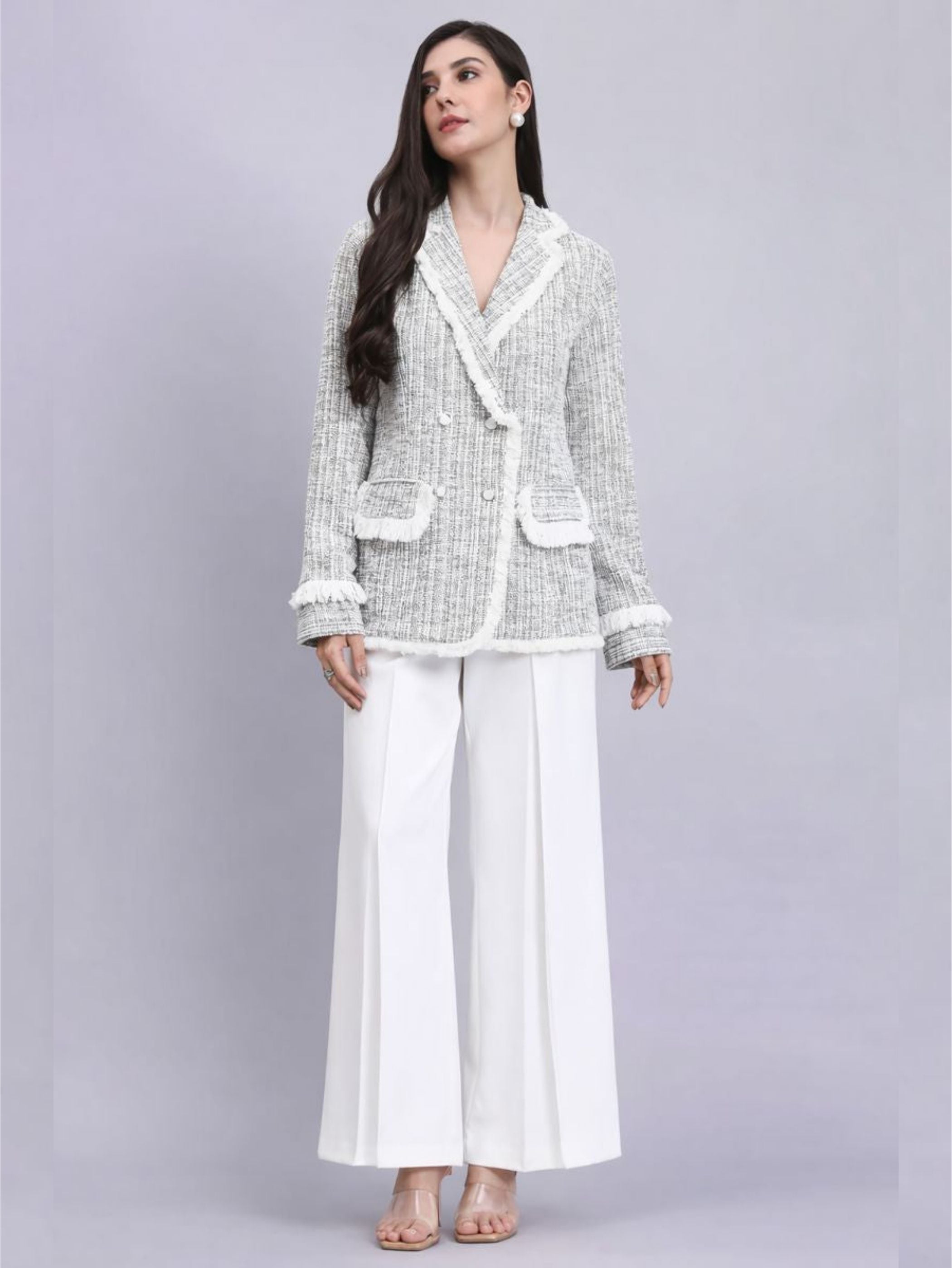 Classic Beige Warm Tweed Stretchable Blazer Paired With Classic Straight Fit High-Rise Pleated Trousers