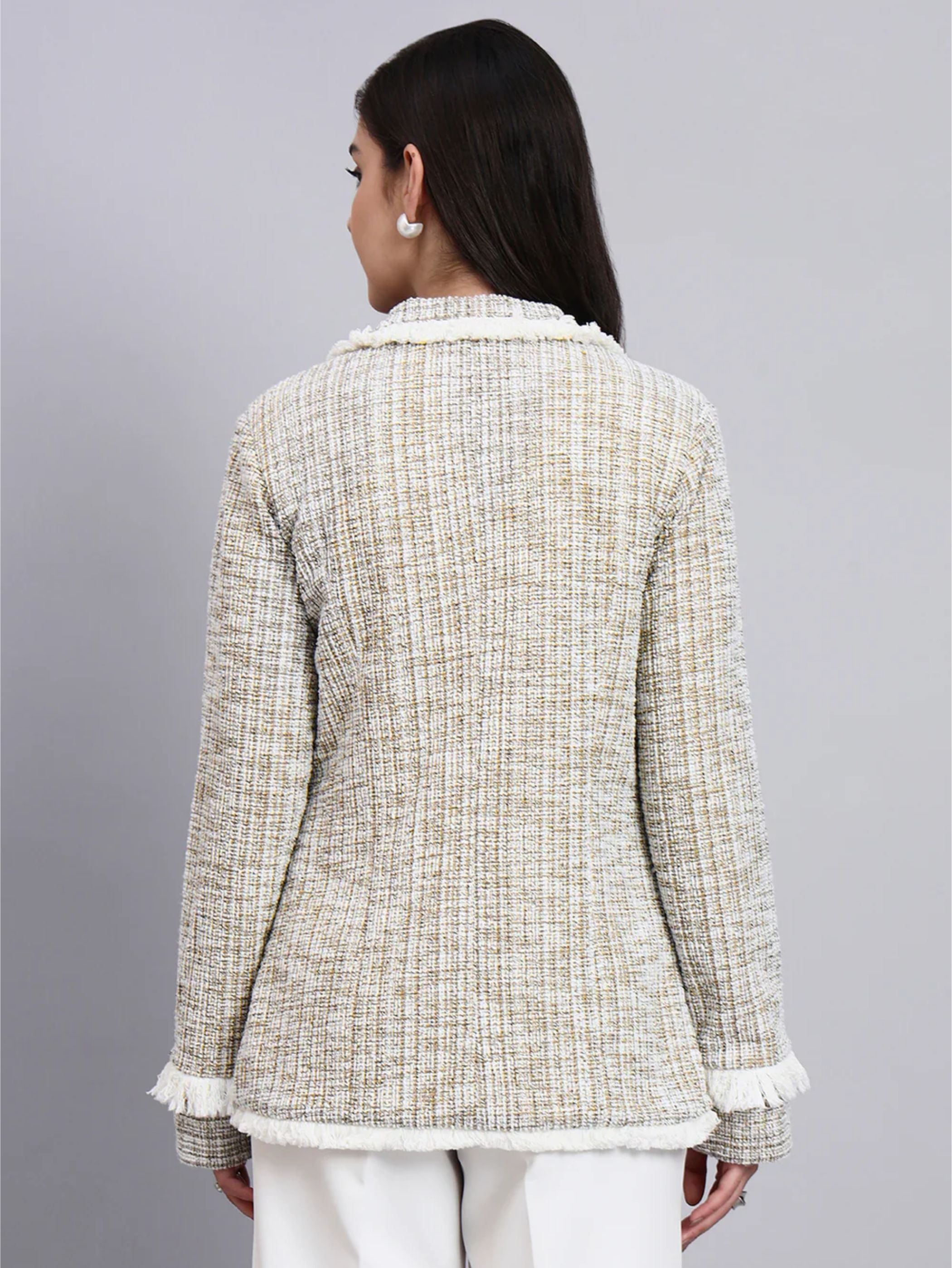 Women Beige Warm Tweed Stretch Blazer Paired With Classic White High-Rise Pleated Trousers