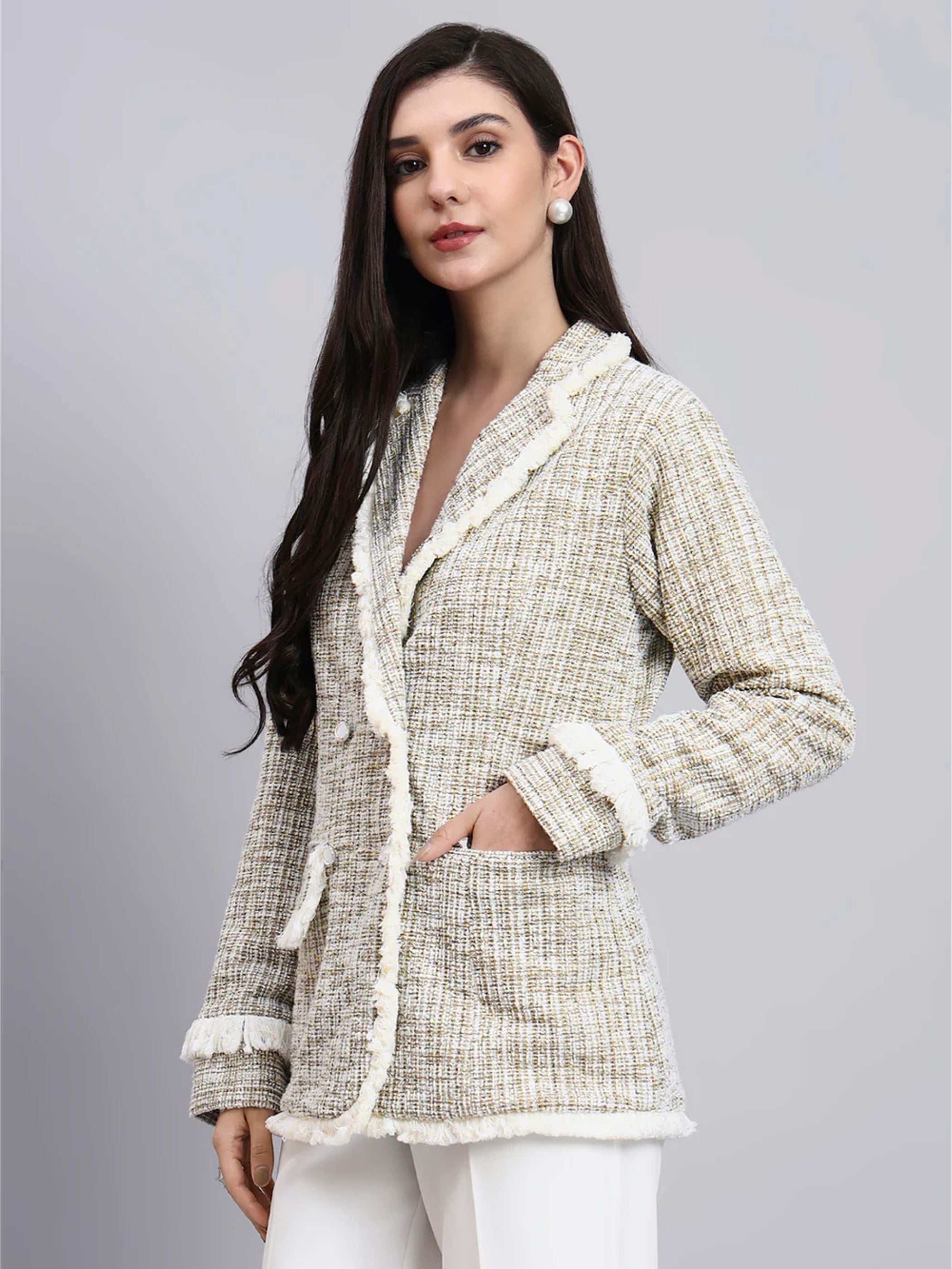 Women Beige Warm Tweed Stretch Blazer Paired With Classic White High-Rise Pleated Trousers