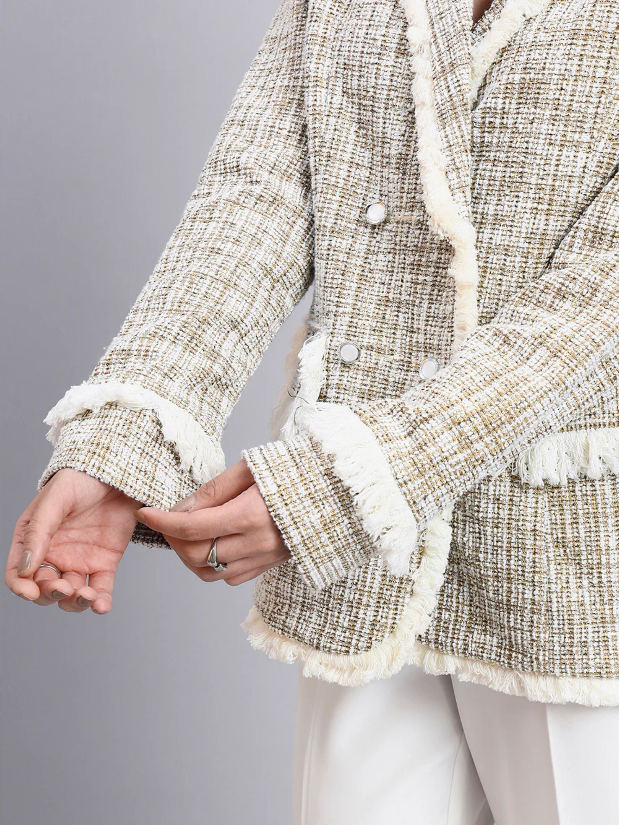 Women Beige Warm Tweed Stretch Blazer Paired With Classic White High-Rise Pleated Trousers
